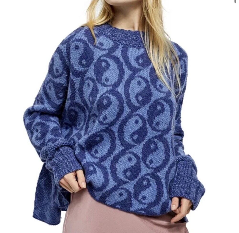 Free People Yin Yang Sweater Womens XS Blue Oversized Slouchy Boho Hippie Indie